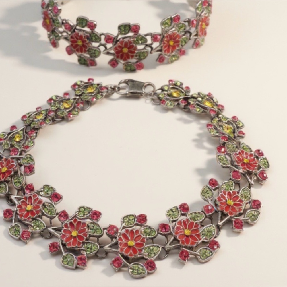 Danbury Mint Floral Rhinestone Necklace Bracelet Set Enamel Flower Garden